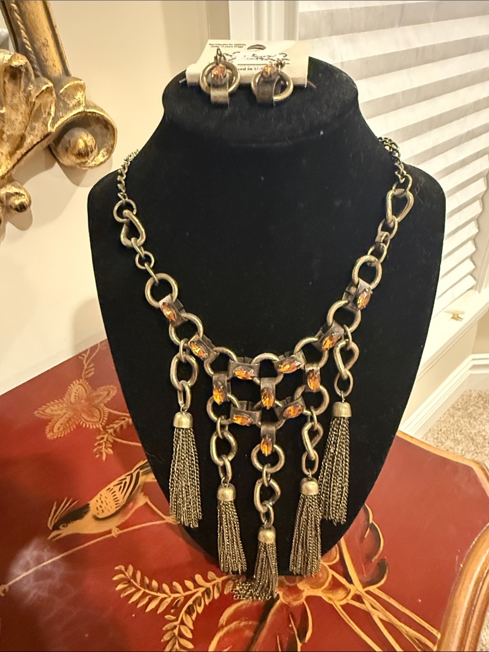 Vintage-Inspired Bronze Chain Tassel Necklace and Earrings with Amber Accents